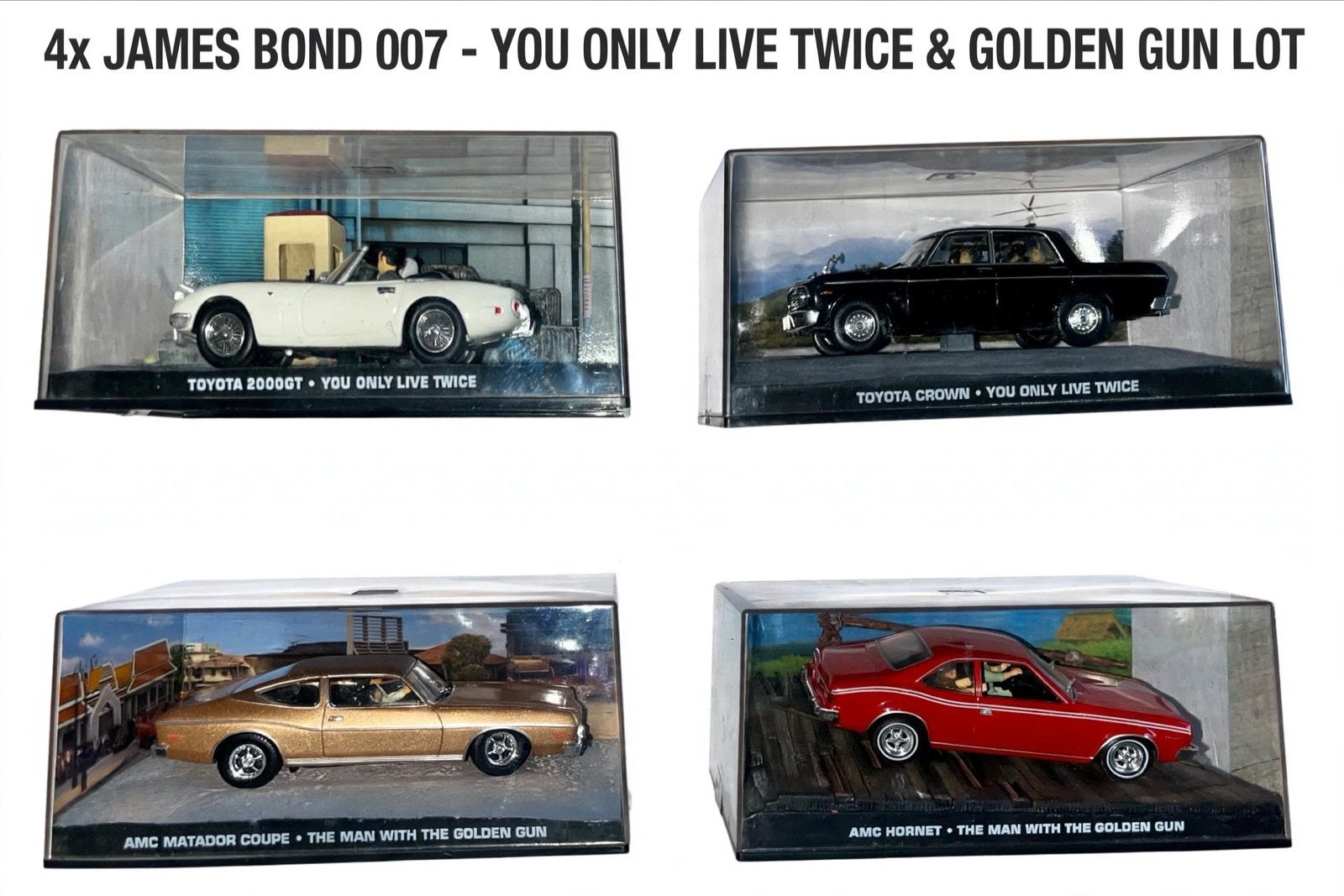 4x James Bond 007 1:43 Toyota 2000GT Golden Gun AMC Hornet, Ophalen of Verzenden, Zo goed als nieuw, Auto