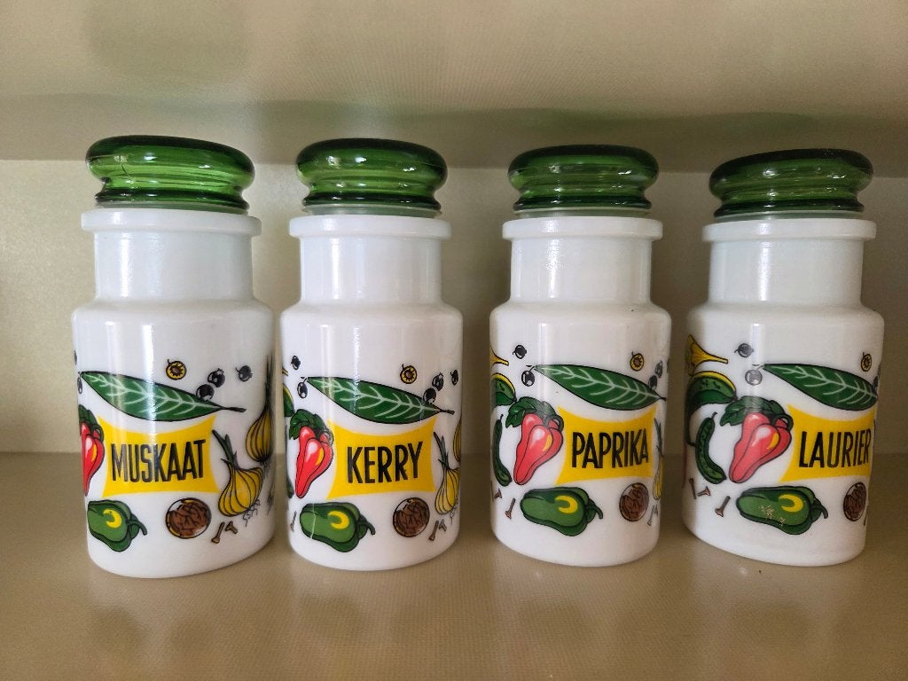 Vintage kruidenpotjes, setje van 4, Verzamelen, Ophalen of Verzenden, Huis en Inrichting