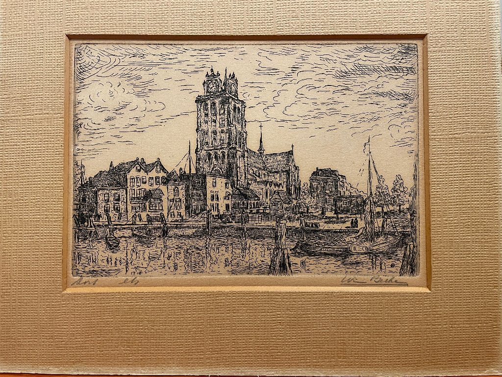 Wim Beeke (1900-1945) Bomkade Dordrecht - ets, Antiek en Kunst, Ets, Stadsgezicht, 12 cm, 1900 - 1949