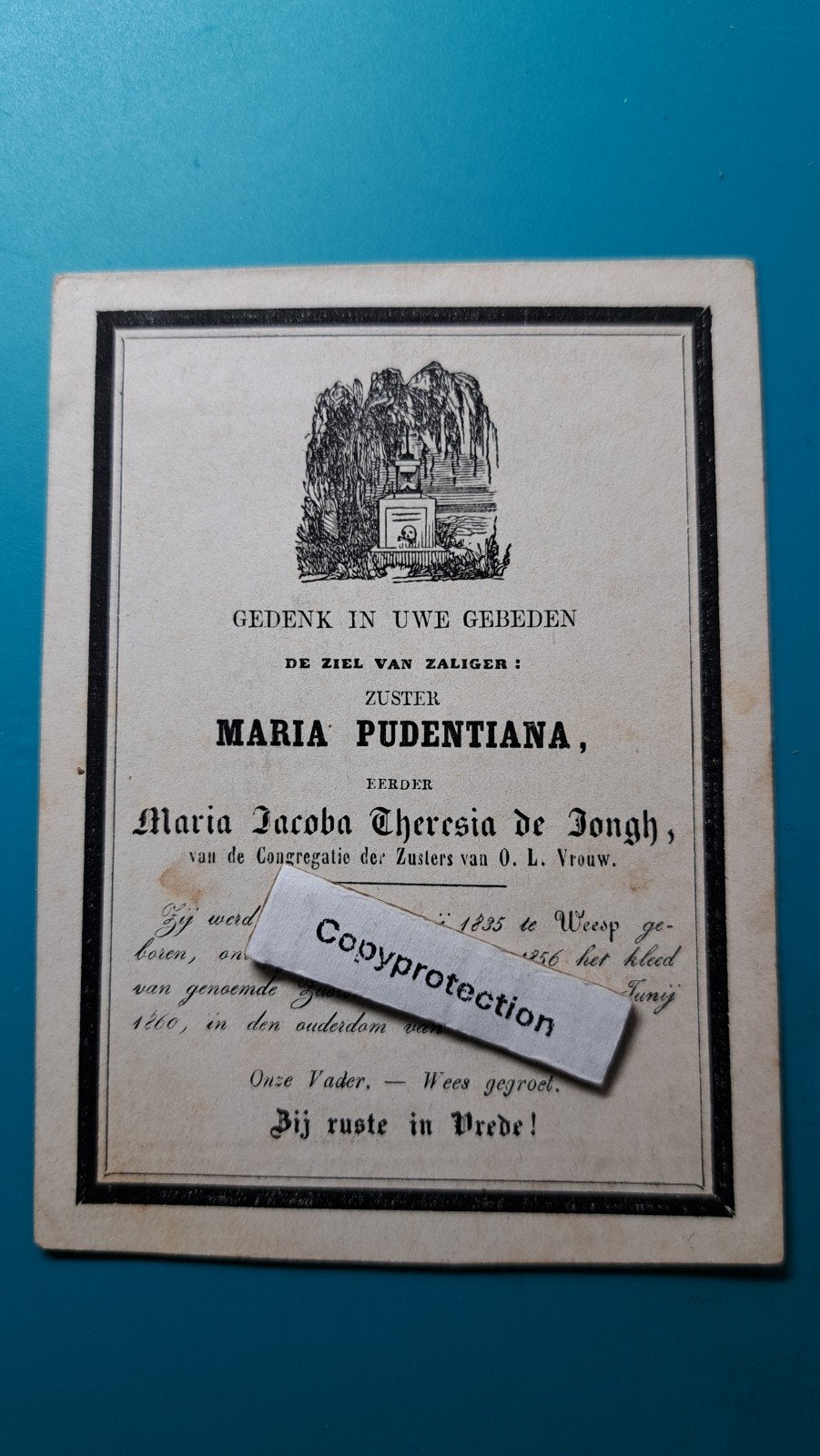 Maria Jacoba Theresia de Jongh, Weesp 1835, Amersfoort 1860, Verzenden, Bidprentje