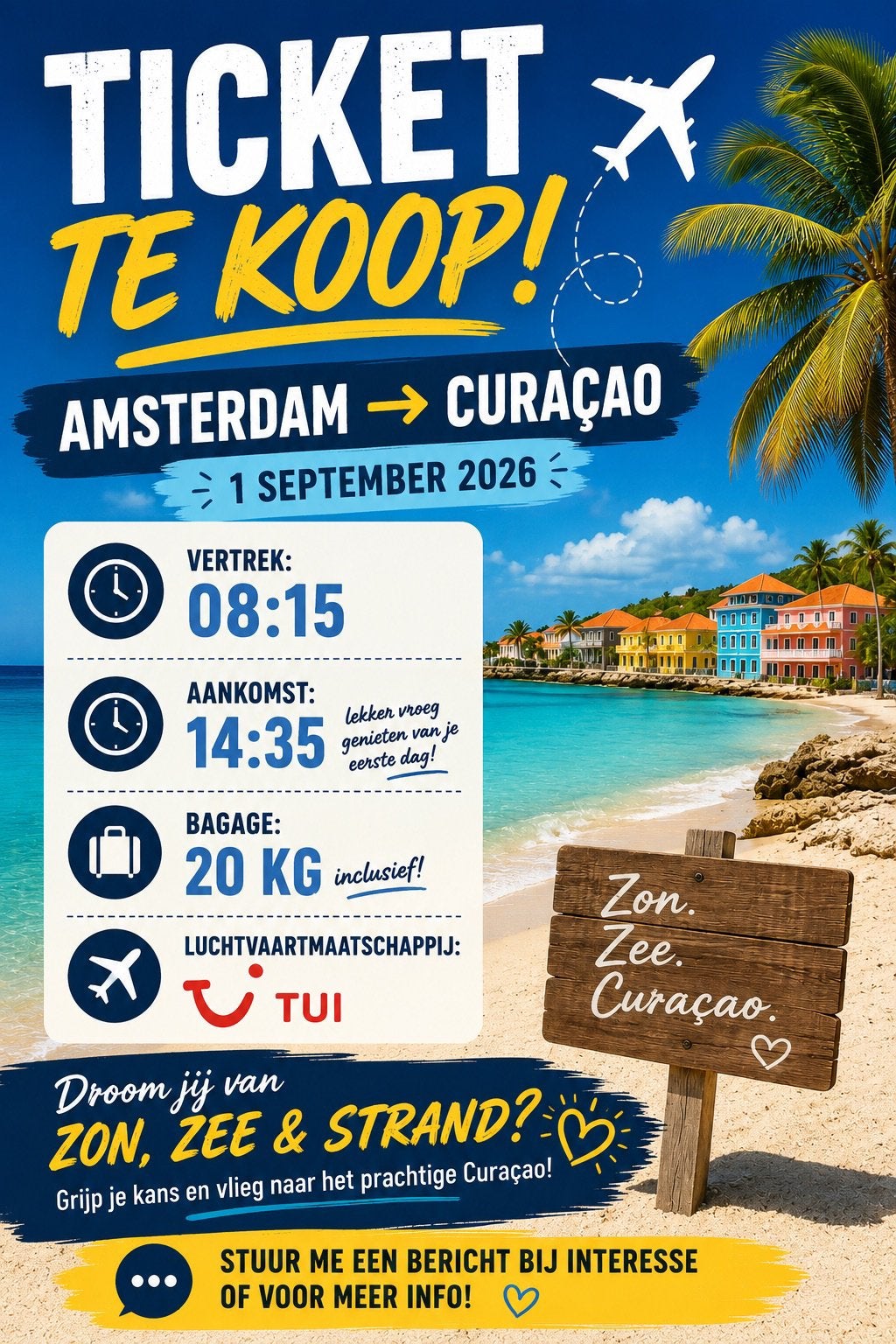 Vliegticket Amsterdam -> Curaçao, Eén persoon, Vliegtuig, Met bestemming of datum