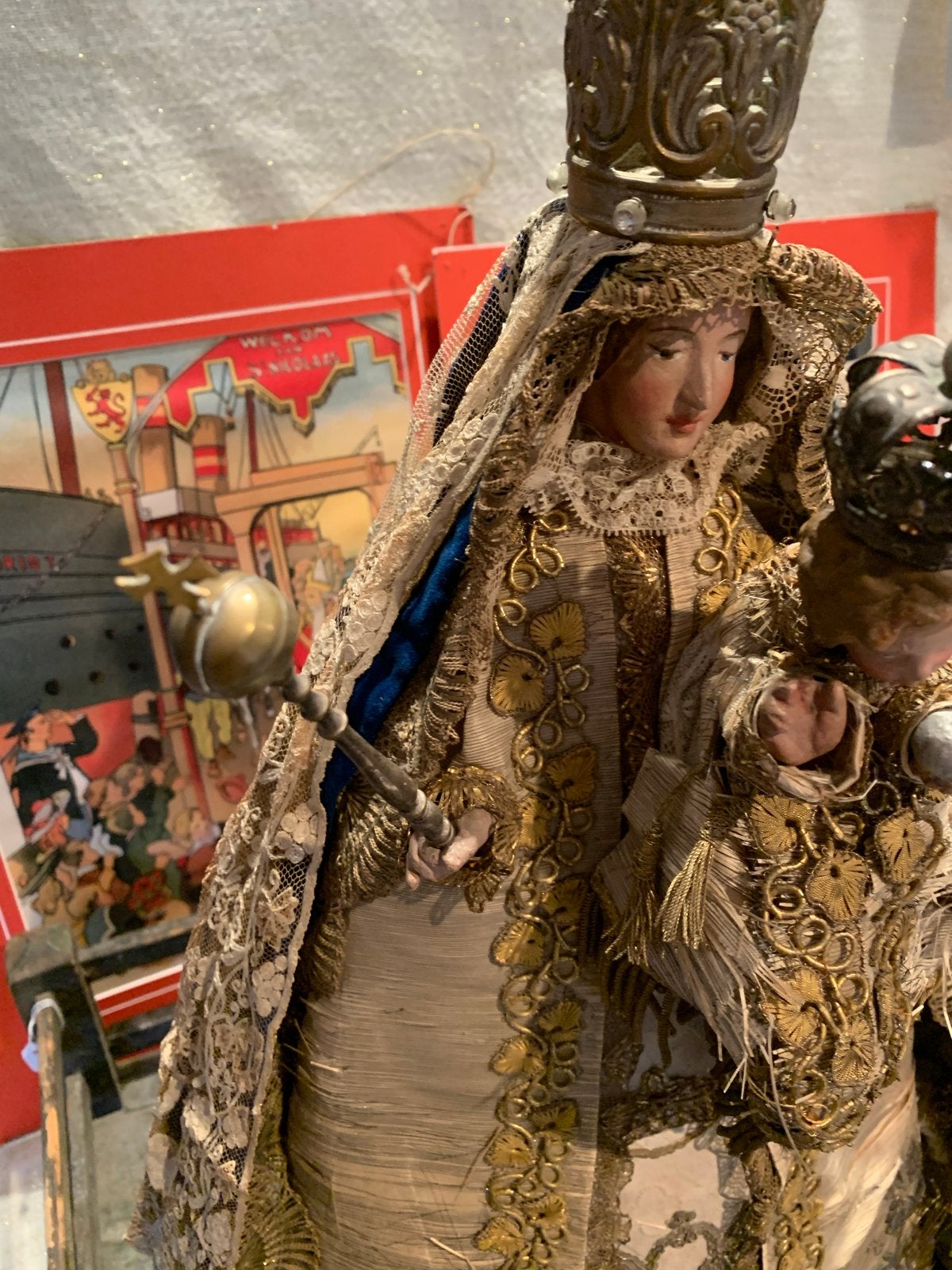 Antieke Madonna maria met Kind Beeld - Religieuze Kunst, Ophalen of Verzenden