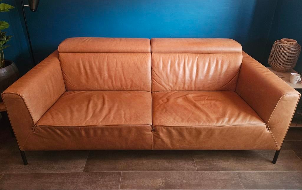 Cognac leren 2,5 zits bank, Ophalen, Gebruikt, Driepersoons, 200 tot 250 cm