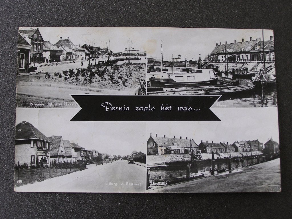 Pernis zoals het was…, zwart-wit foto / kaart met 4-luik, Ophalen of Verzenden, 1940 tot 1960, Ongelopen, Stad of Dorp