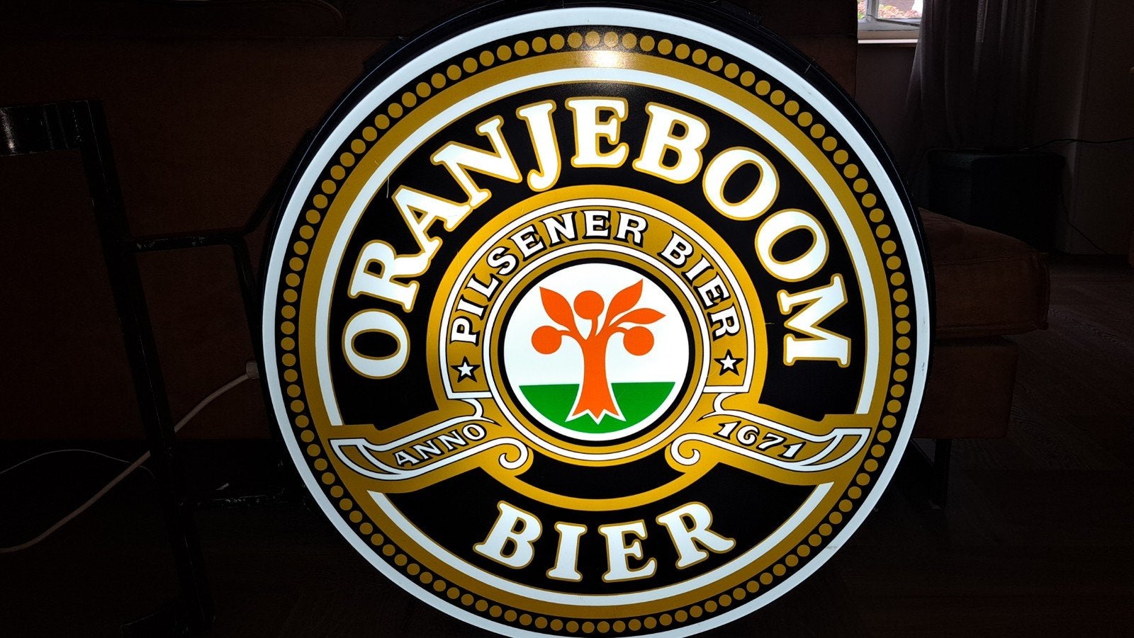 Oranjeboom Bier Lichtbak - 80 cm doorsnede, Ophalen, Zo goed als nieuw, Lichtbak of (neon) lamp