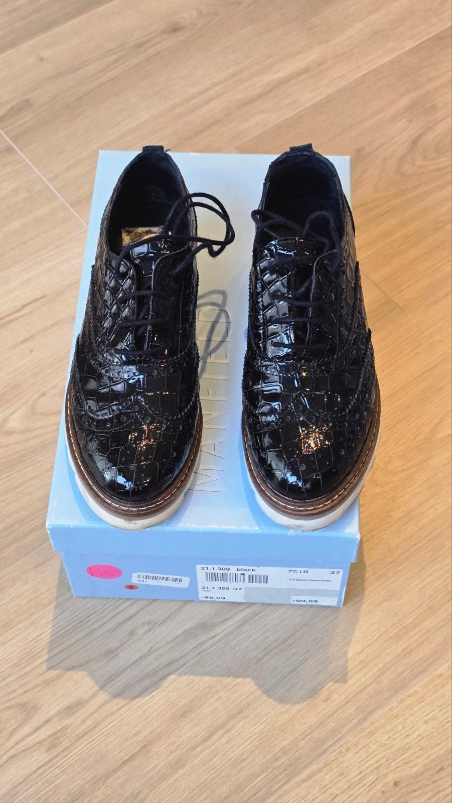 Leren Manfield Brogues met Croco Print & Lakleer - Maat 37, Zwart, Ophalen of Verzenden, Zo goed als nieuw, Manfield