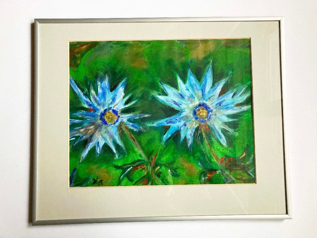 Kleurrijk schilderij van twee bloemen 29,5 x 37 cm, in lijst, Ophalen, Bloemen