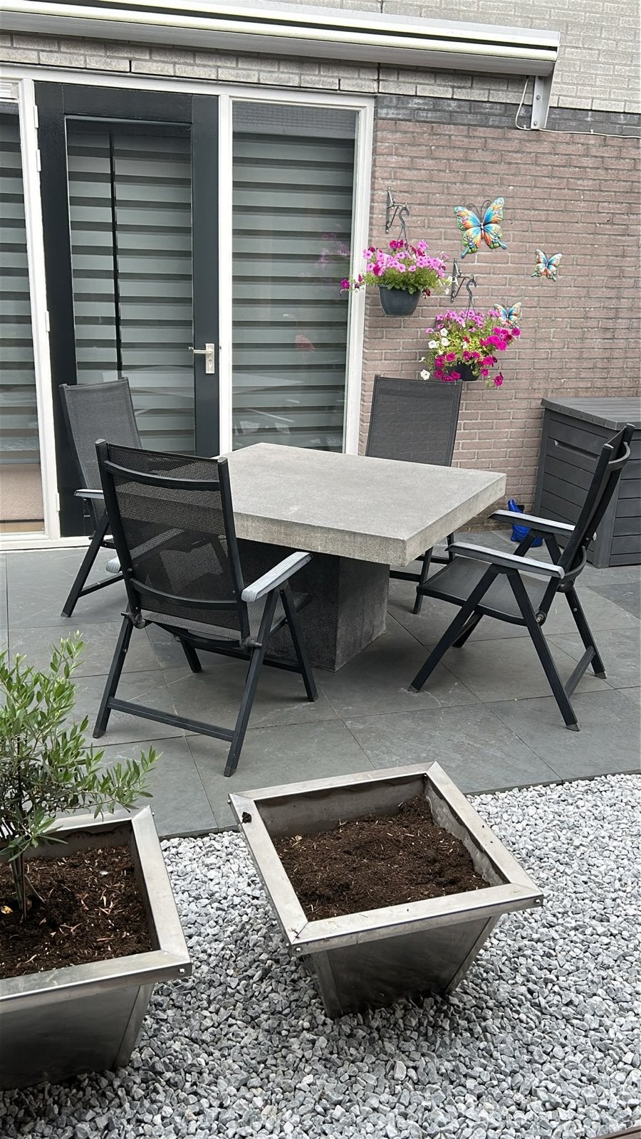 Natuursteen tuintafel 130x130 met 6 verstelbare stoelen, Tuin en Terras, Tuinsets en Loungesets, Ophalen, Overige materialen, Gebruikt