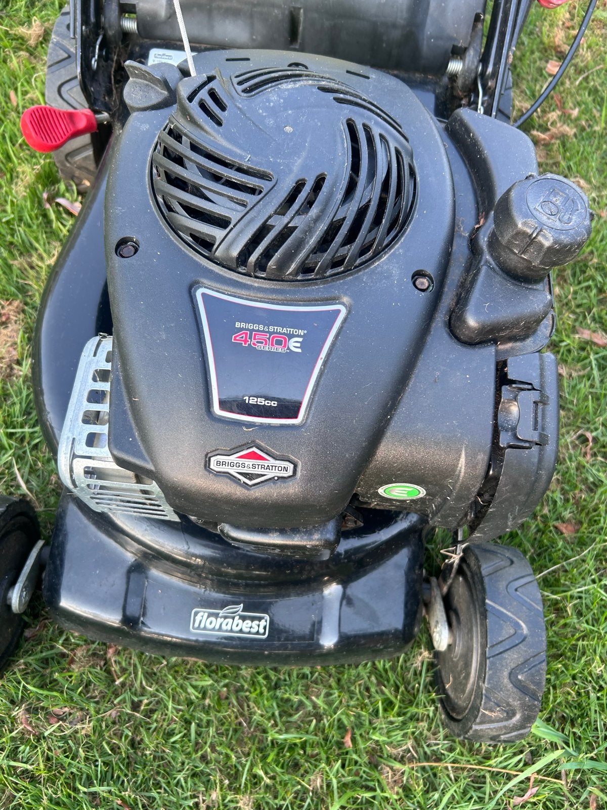 Florabest Benzine Grasmaaier Briggs & Stratton 450E 125cc, Cirkelmaaier, Gebruikt, Ophalen of Verzenden, Opvangbak