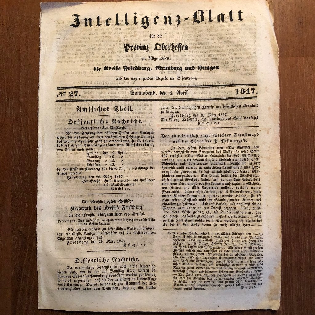 Aardappelziekte 1847 (4 april) Intelligenz-Blatt für Ober-, Verzenden