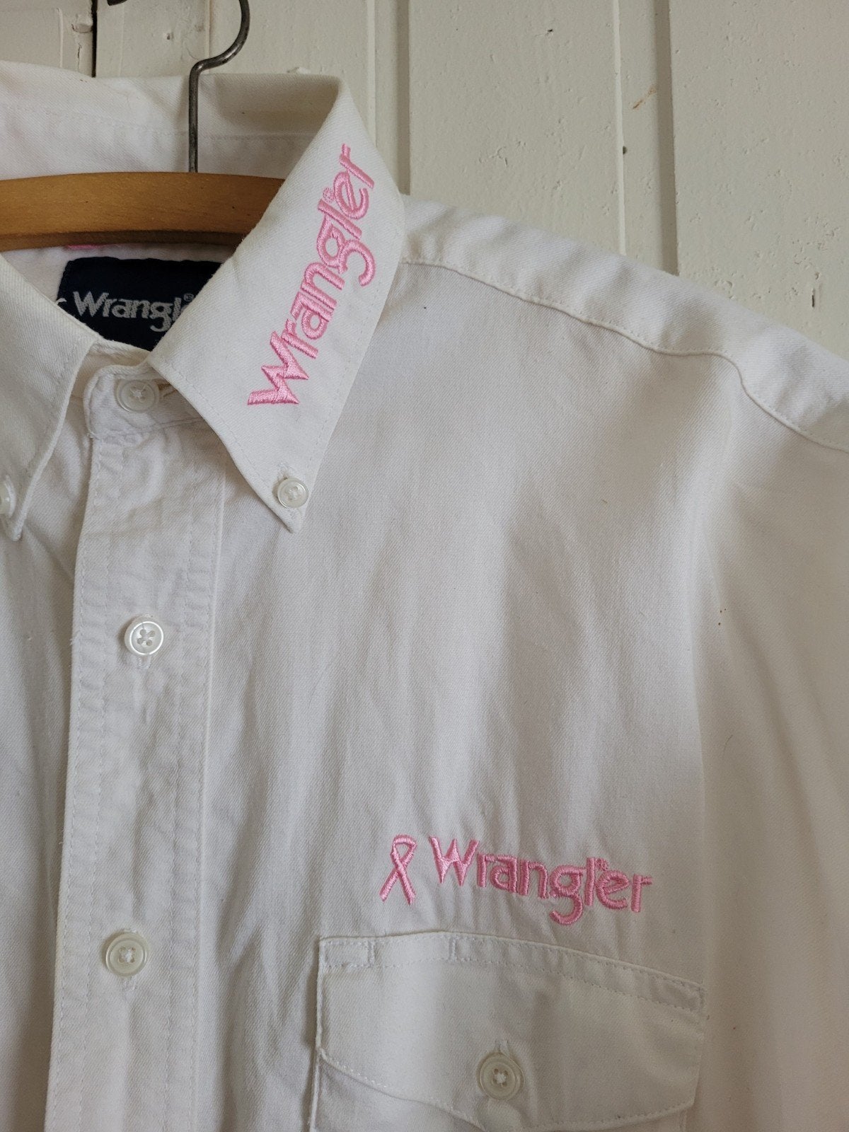 Wrangler overhemd wit met roze lpink ribbon logo, Ophalen of Verzenden, Zo goed als nieuw, Wit