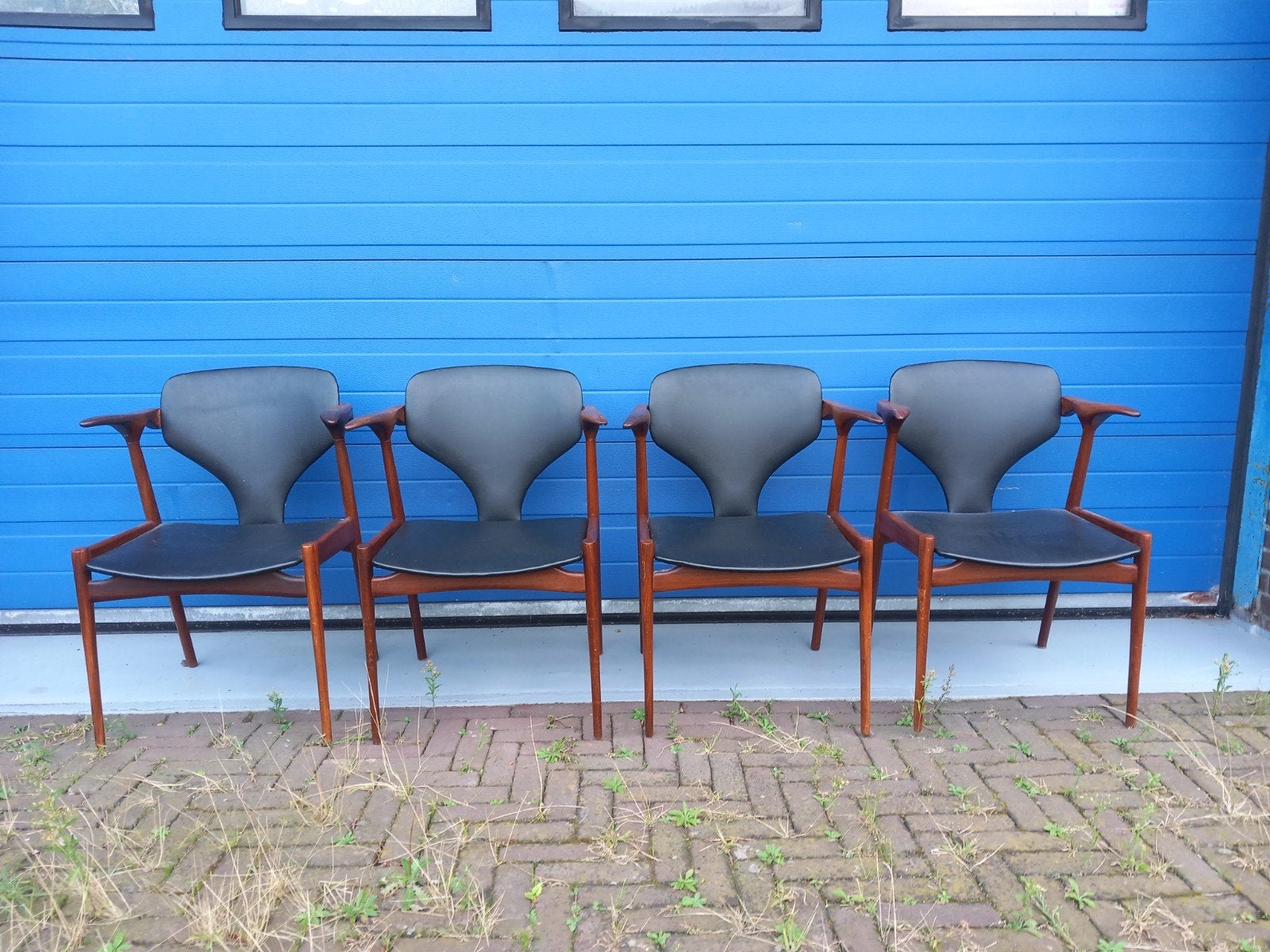 4 teakhouten vintage Koehoorn armstoelen, Eén persoon, Overige typen