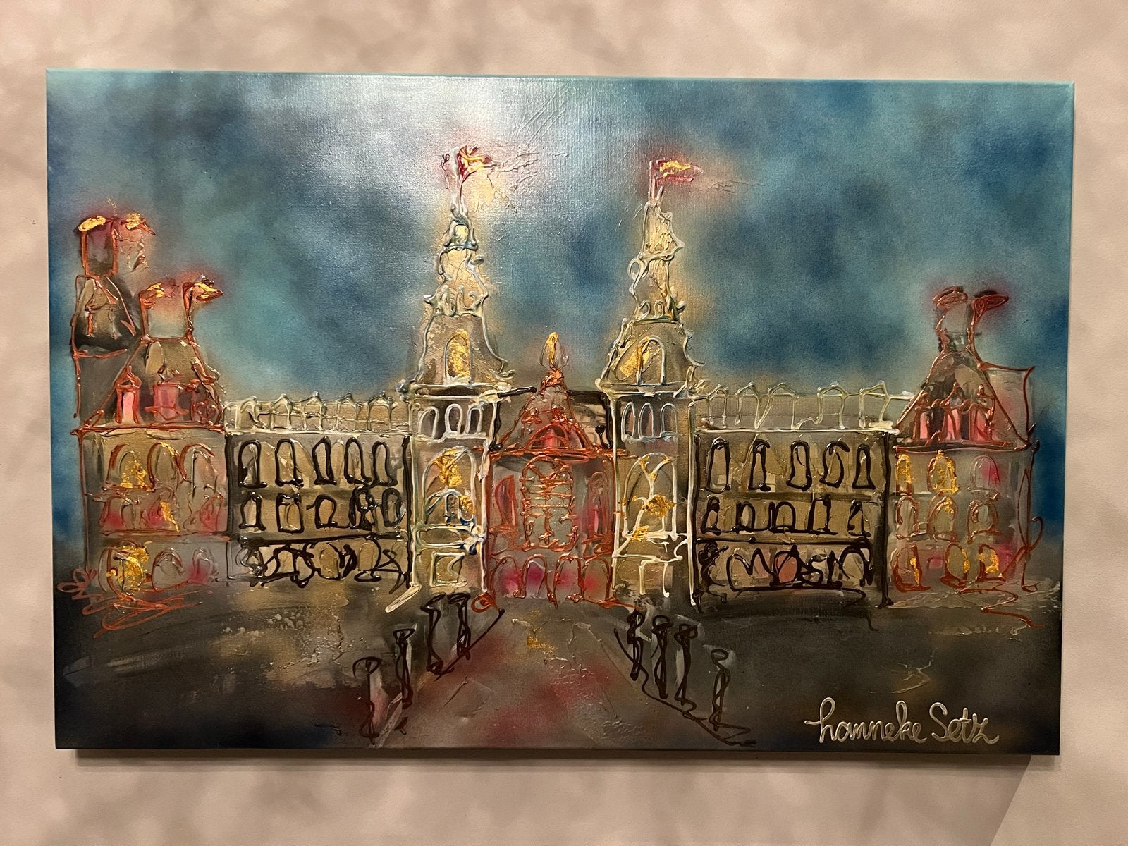 Hanneke Setz - Het Rijksmuseum - 80 x 120 cm, Antiek en Kunst, Ophalen, Gesigneerd, Stads- / dorpsgezicht, Gemengde techniek