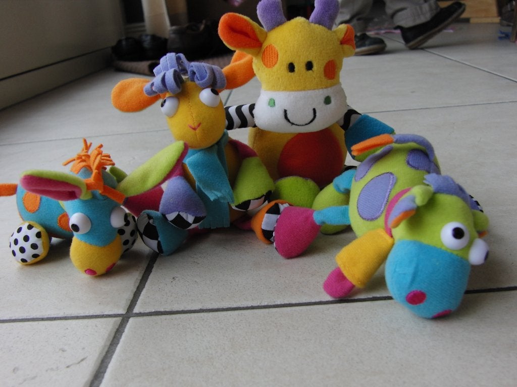 Vrolijke knuffels: koe, giraffe, ezeltje en geitje, Ophalen of Verzenden, Zo goed als nieuw, Meerkleurig, Overige typen
