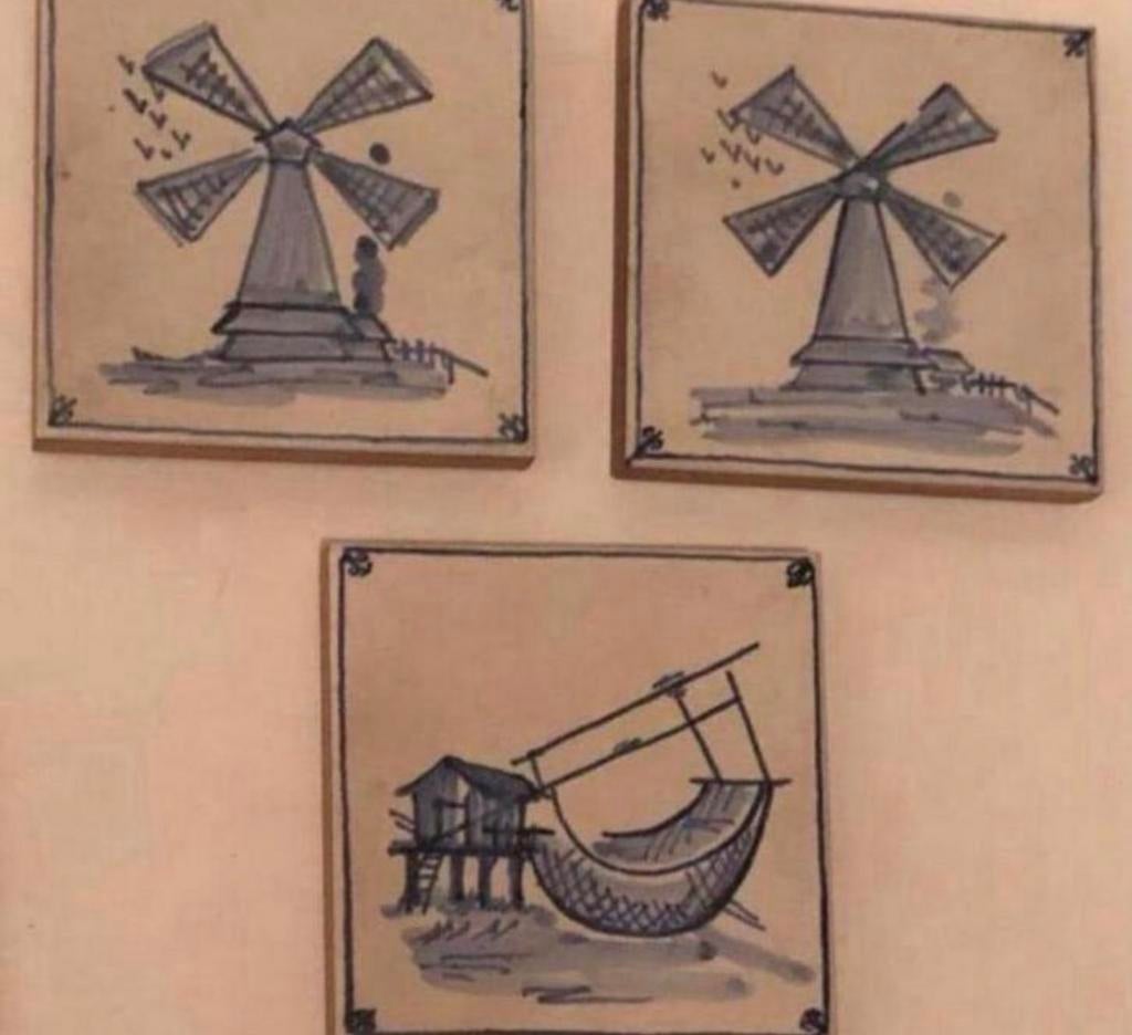 Set van 3 Delfts blauwe tegels met molens en vissershuisje, Ophalen of Verzenden