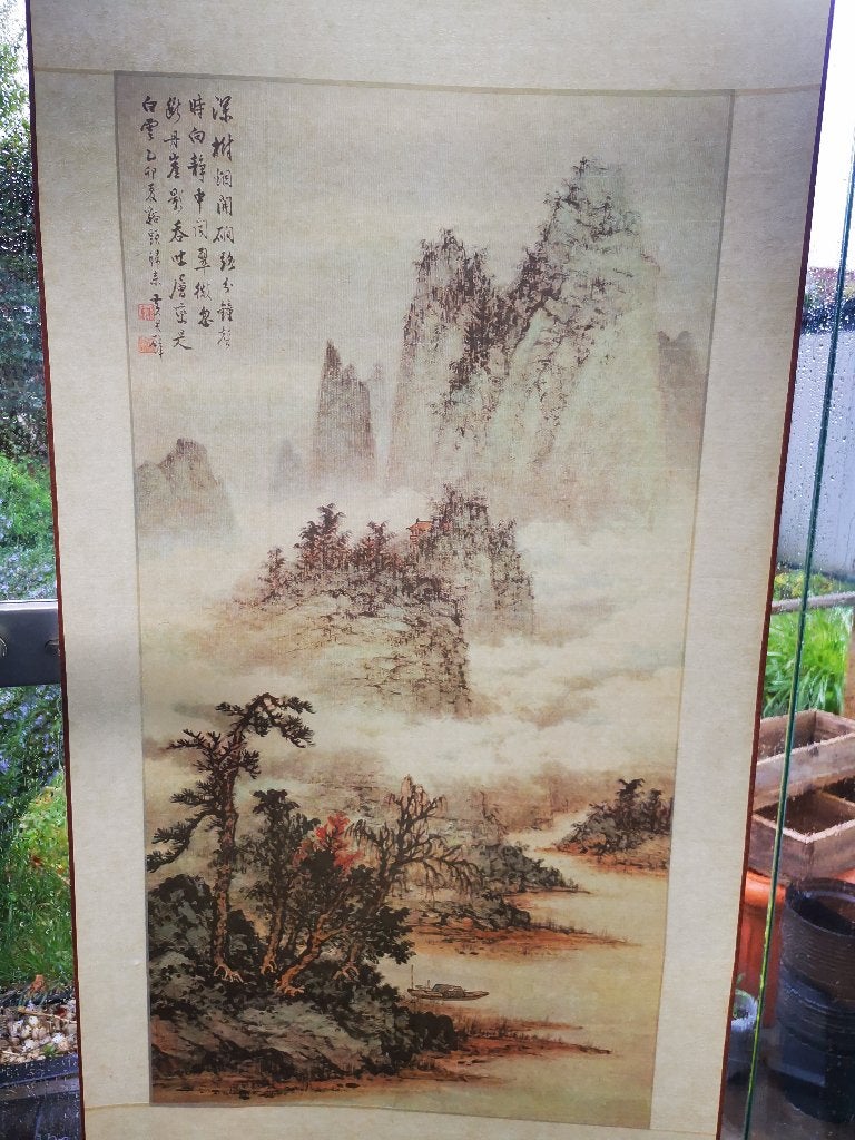 vintage Chinese Rol Schilderij natuur Landschap kalligrafie, Ophalen of Verzenden, Landschap