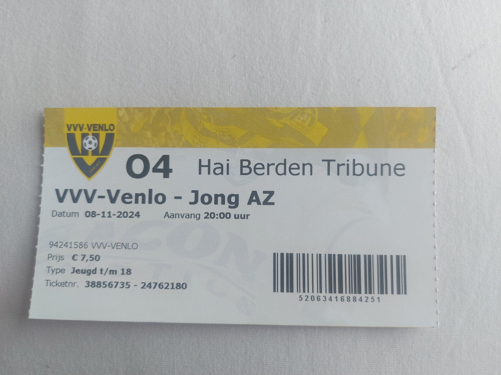 Ticket VVV-Venlo  - Jong AZ 8-11-2024, Tickets en Kaartjes, Eén persoon, November