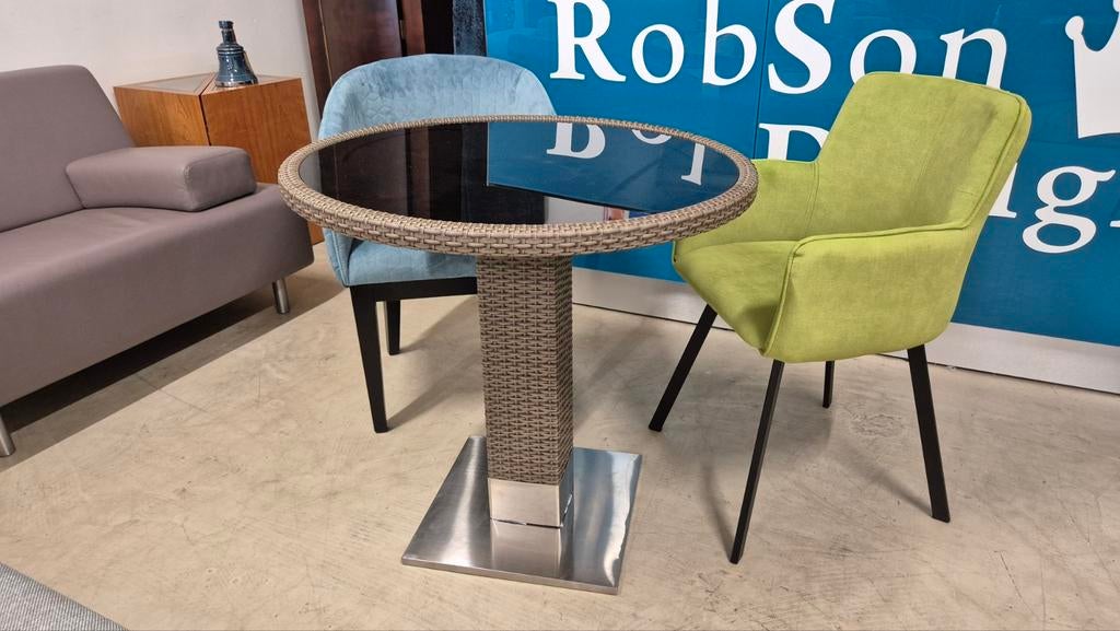 Nieuw glazen terras tafel wicker en rvs poot 80x80x75 cm, Ophalen of Verzenden, Nieuw, Vierkant, Wicker