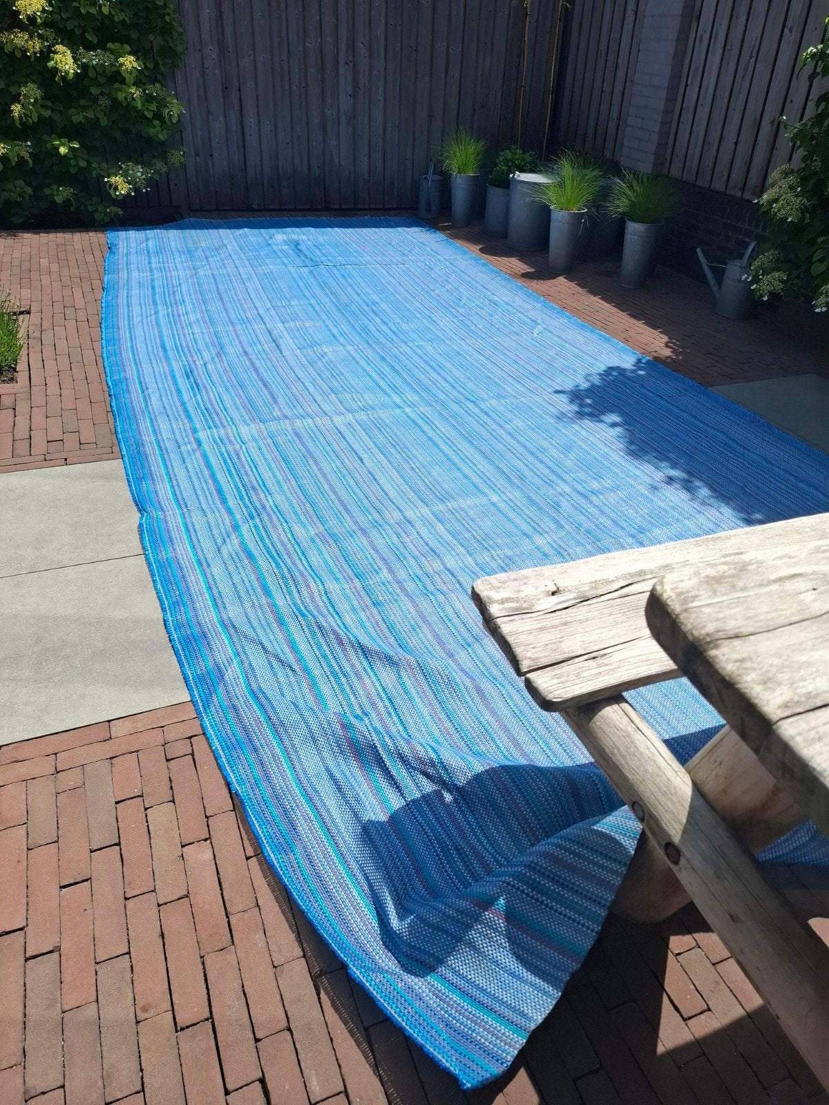 Voortenttapijt 590 x 240 cm blauw/grijs, Caravans en Kamperen, Kampeeraccessoires, Gebruikt, Ophalen