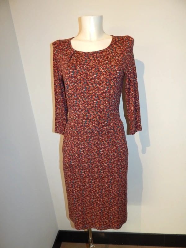 King Louie mooie jurk blaadjes print warme tinten mt s evt38, Kleding | Dames, Overige kleuren, Verzenden, Zo goed als nieuw, Knielengte