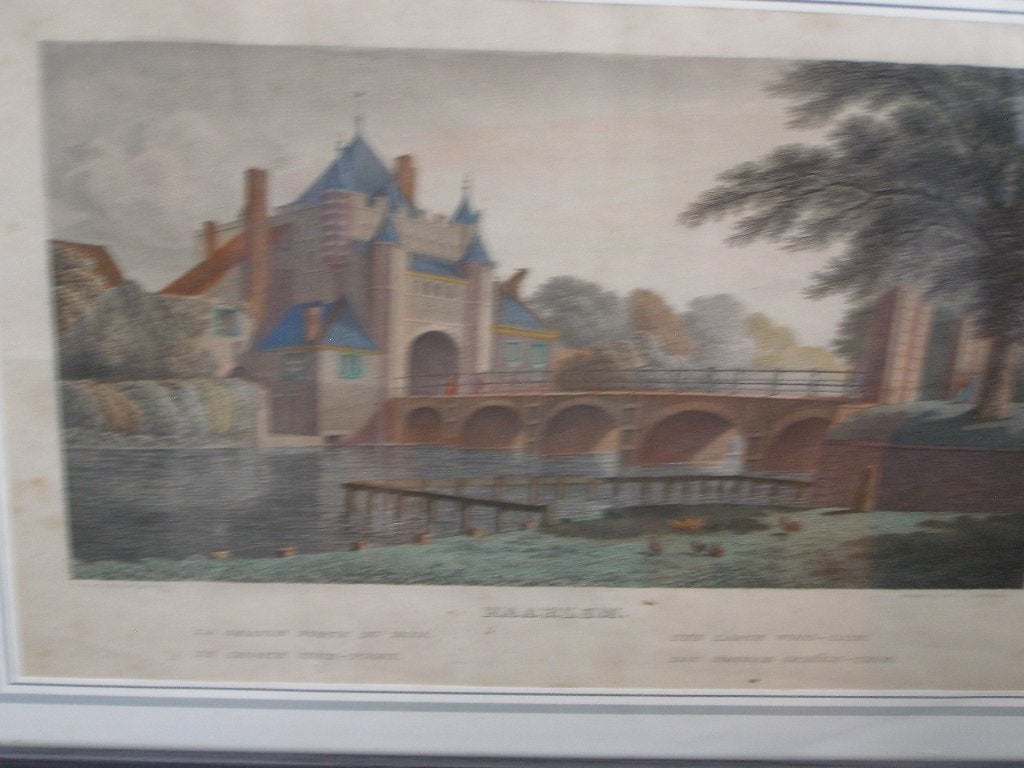 Org. gravure van De Grote Houtpoort, Haarlem, ingelijst., Stadsgezicht, Met tekst, Ophalen of Verzenden, Gravure
