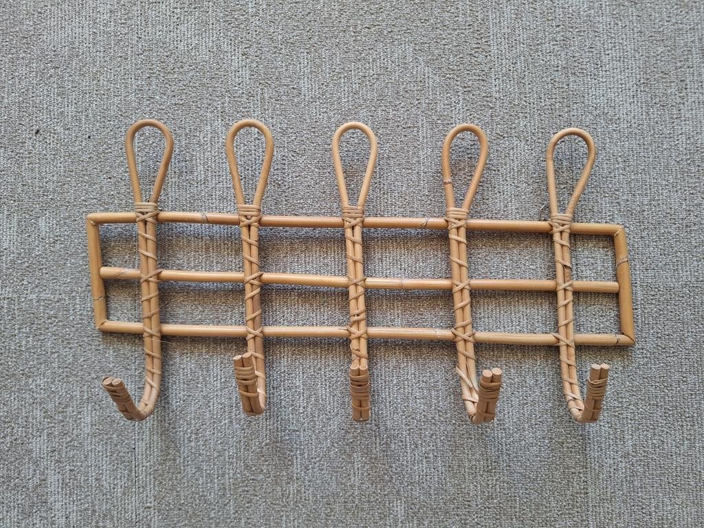 Vintage rotan/bamboe wandkapstok met 5 haakjes - 60x31 cm, Ophalen of Verzenden