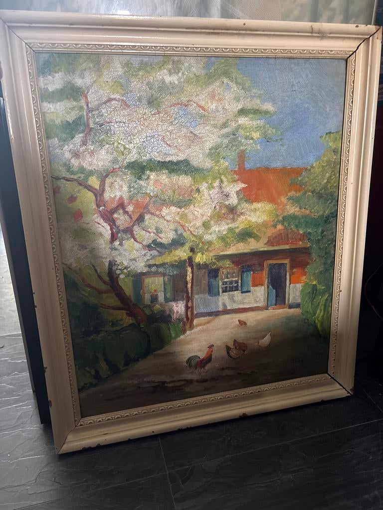 Oud schilderij met huis en kippen, Ophalen