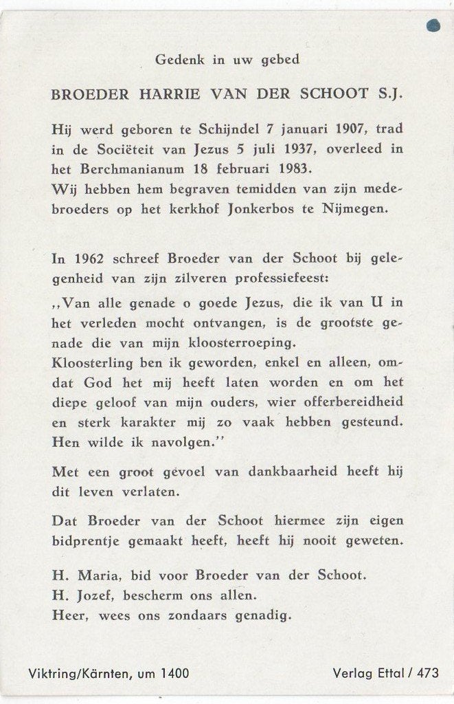 broeder Harrie vd Schoot 1907 Schijndel + 1983 Nijmegen, Verzamelen, Bidprentjes en Rouwkaarten, Verzenden