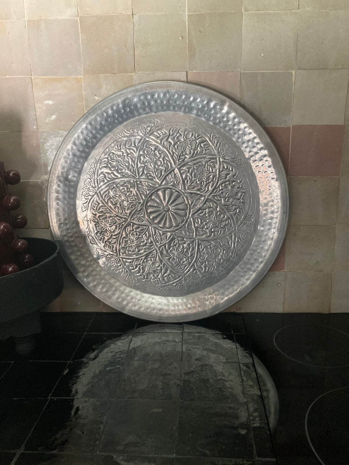 Vintage Marokkaans dienblad zilver, Ophalen of Verzenden, Zo goed als nieuw, Rond, Metaal