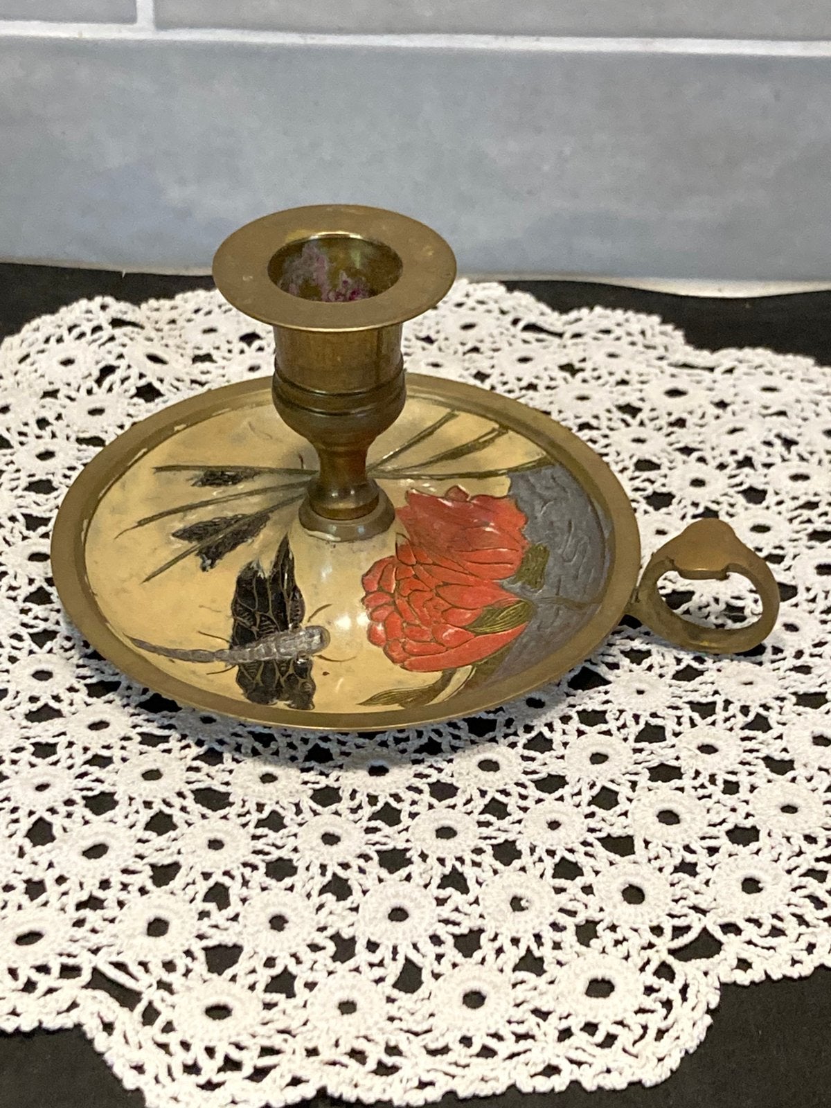 Messing blaker, kaarsenstandaard, emaille (190326), Ophalen of Verzenden