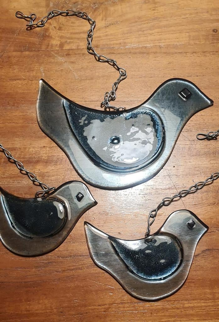 Set  3 decoratieve vogels van glas (raamhangers) en metaal, Ophalen of Verzenden