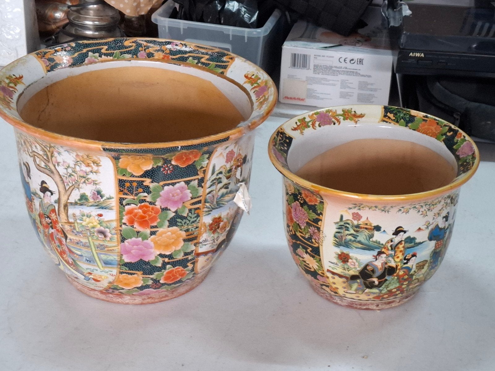 Set van 2 Chinese bloempotten met traditionele print, Gebruikt, Minder dan 40 cm, Balkon, Onbekend