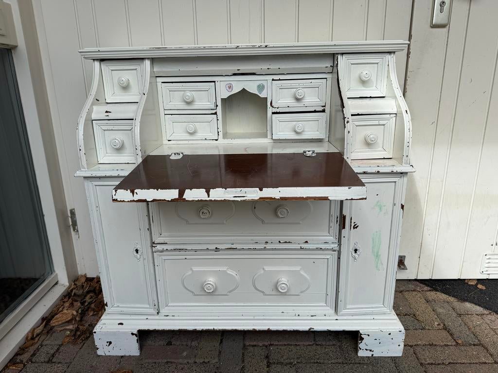 Antiek wit secretaire bureau met lades, Ophalen