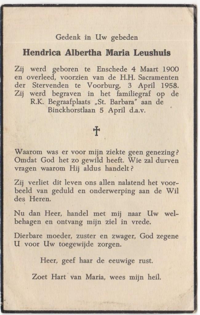Hendrica A.M. Leushuis 1900 Enschede + 1958 Voorburg, 58 jr, Verzenden