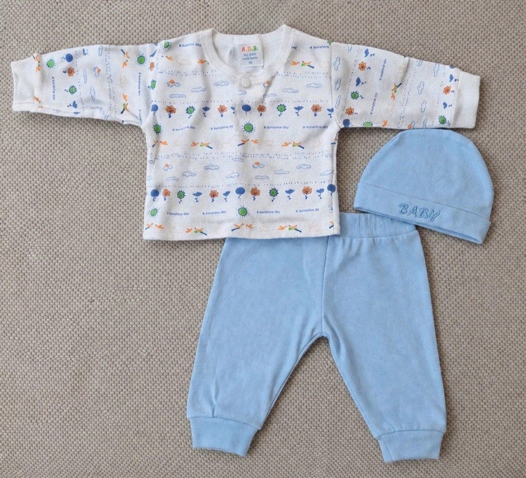 Schattig newborn setje wit/lichtblauw met print - Maat 50, Ophalen of Verzenden, Zo goed als nieuw, Jongetje of Meisje