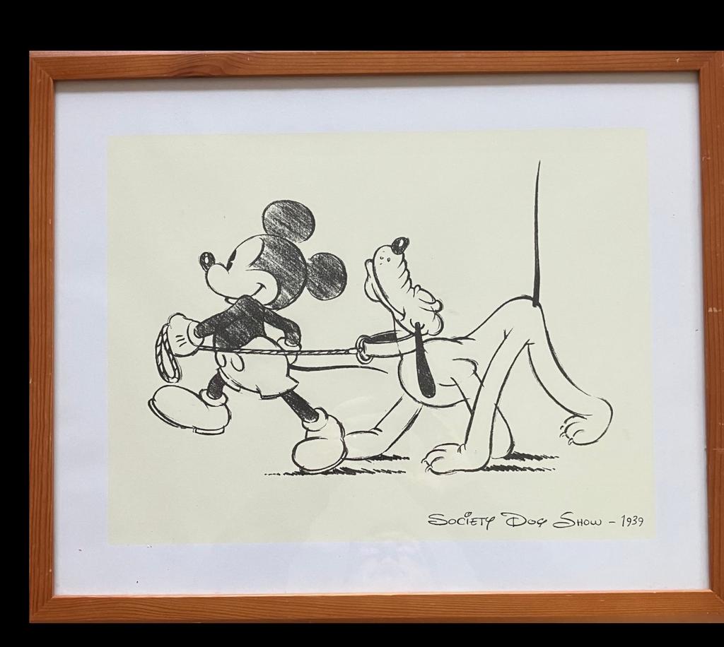 Vintage Prent /zeefdruk Mickey Mouse en Pluto Walt Disney., Ophalen of Verzenden, Mickey Mouse, Zo goed als nieuw, Plaatje of Poster