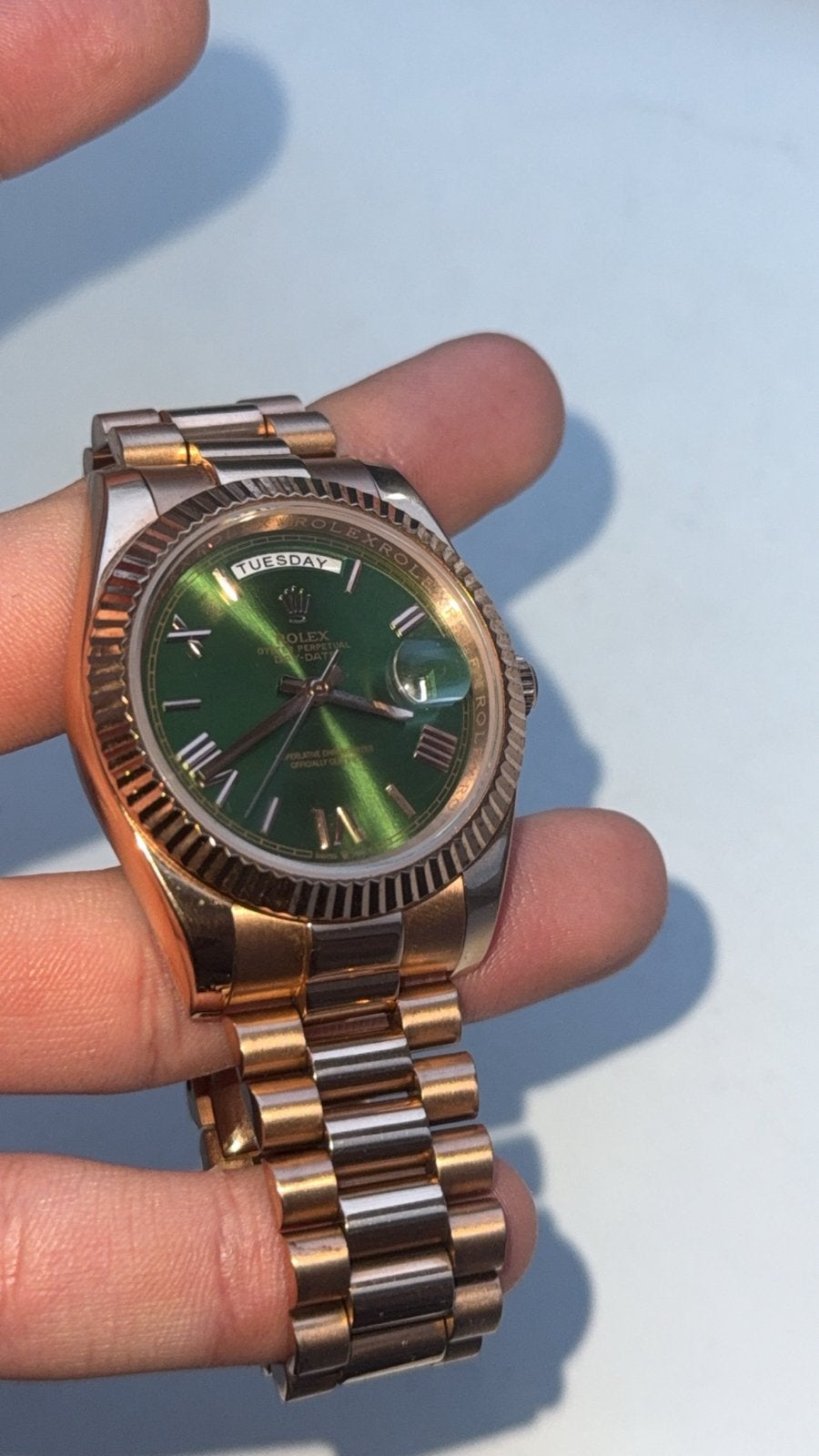 Rolex Daydate Groene Wijzerplaat, Staal, Gebruikt, Polshorloge, Ophalen of Verzenden