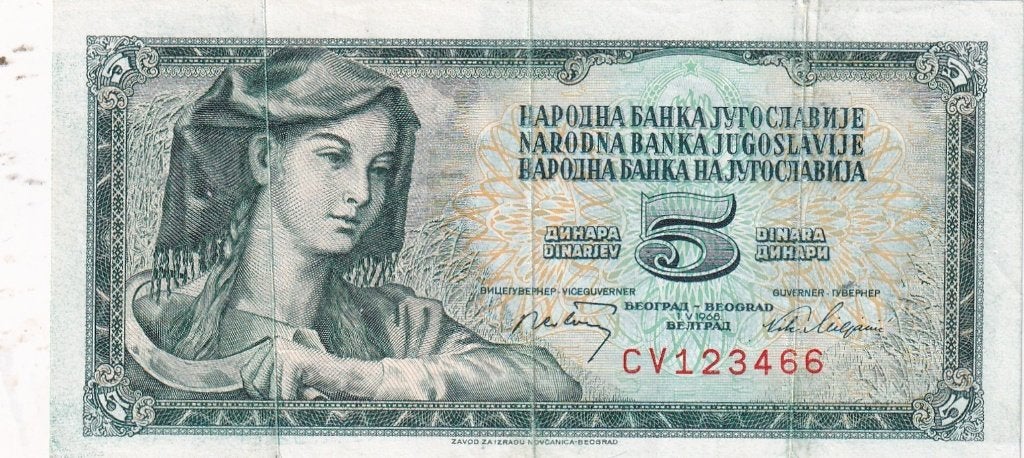 Joegoslavië 5 dinara 1-5-1968, Verzenden, Joegoslavië, Los biljet
