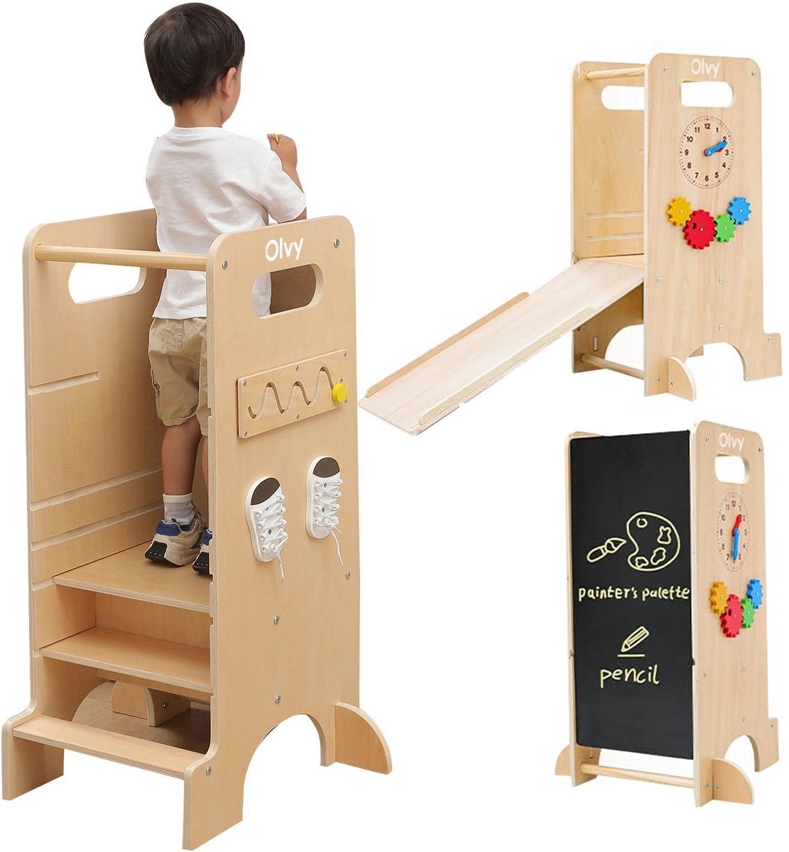 Olvy 4-in-1 Montessori Leertoren met glijbaan en krijtbord, Ophalen, Gebruikt, Knutselen