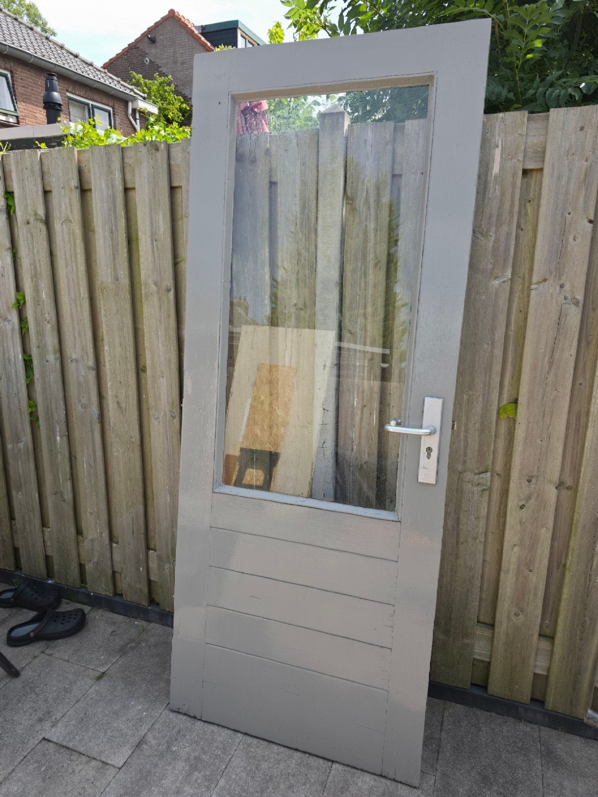 Hardhouten buite deur met glas en slot, 211.5x84.5 cm, Ophalen, Gebruikt, 80 tot 100 cm, Buitendeur