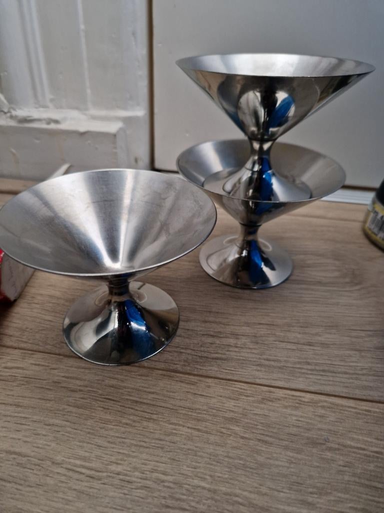 3x vintage RVS design ijscoupes modernist schaaltjes, Ophalen of Verzenden