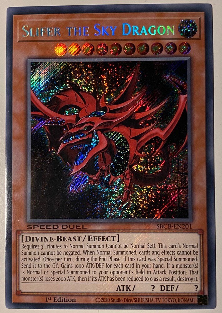 Yu-Gi-Oh! Slifer the Sky Dragon SBCB 1st Edition !, Ophalen of Verzenden, Zo goed als nieuw, Meerdere kaarten, Foil