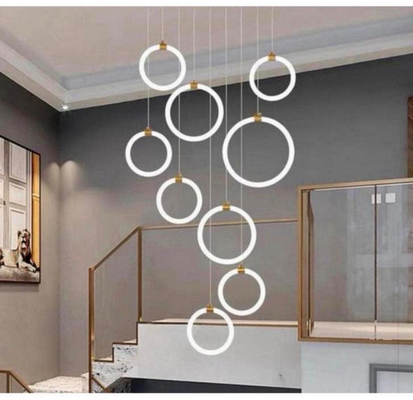 Luxe LED Moderne Trap Hanglamp Dimbaar 9-Ringen Kroonluchter, Glas, Nieuw, Ophalen of Verzenden, H