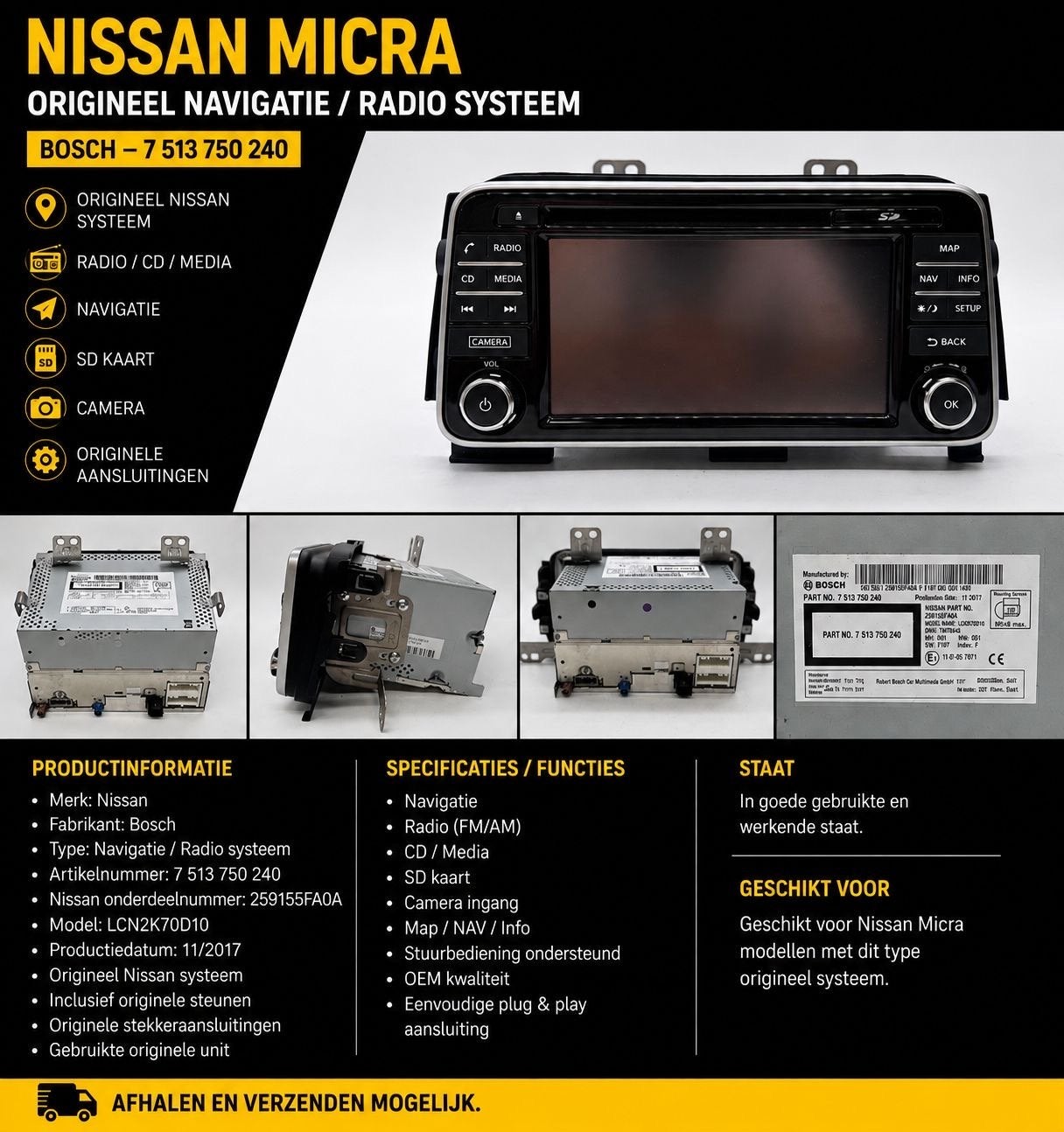 Nissan Micra Origineel Navigatie / Radio Systeem Bosch 25915, Ophalen of Verzenden, Gebruikt