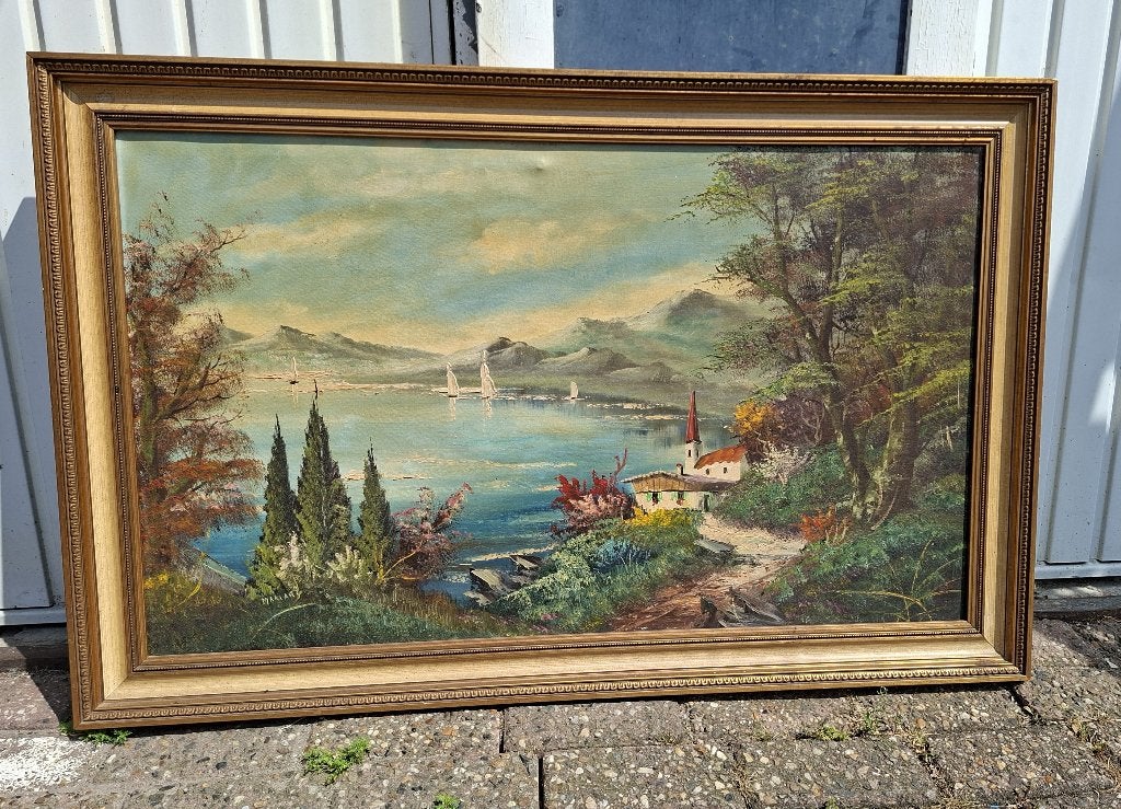 Schilderij Landschap ; meer met bergen, Ophalen, Doek, Oud hollands, Origineel werk
