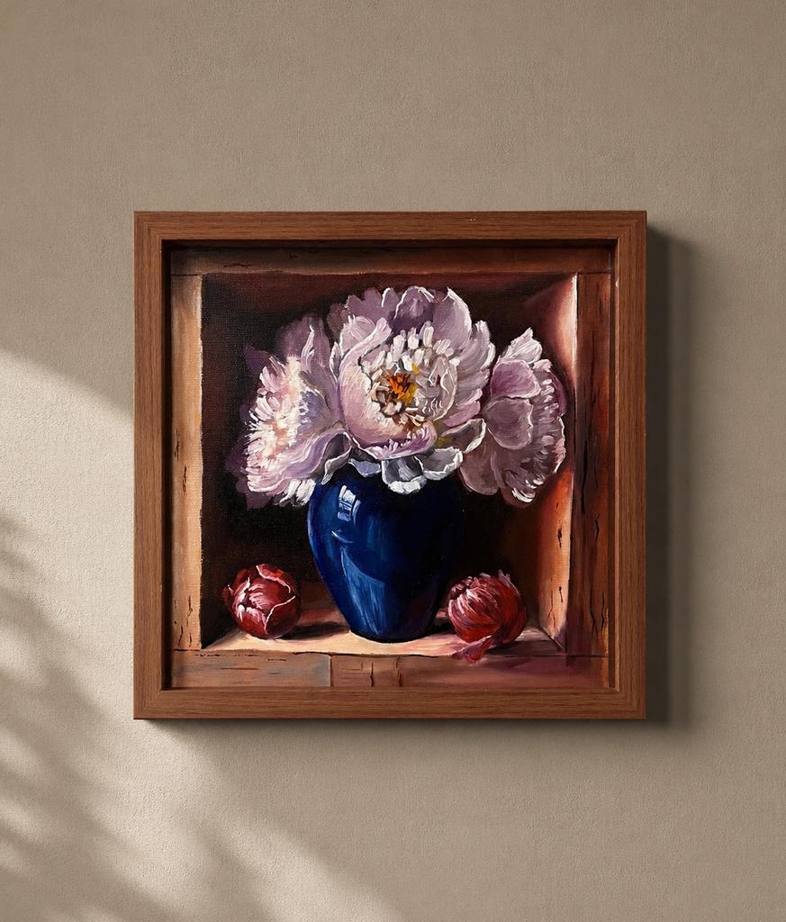 Origineel Olieverfschilderij Pioenrozen 30 x 30 cm, Ophalen of Verzenden