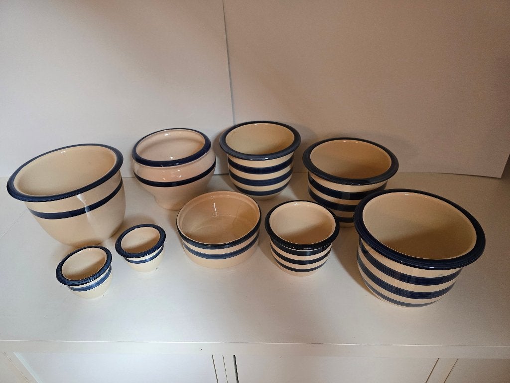 Set van 9 aardewerk bloempotten met blauwe strepen, Ophalen, Gebruikt, Rond, Balkon