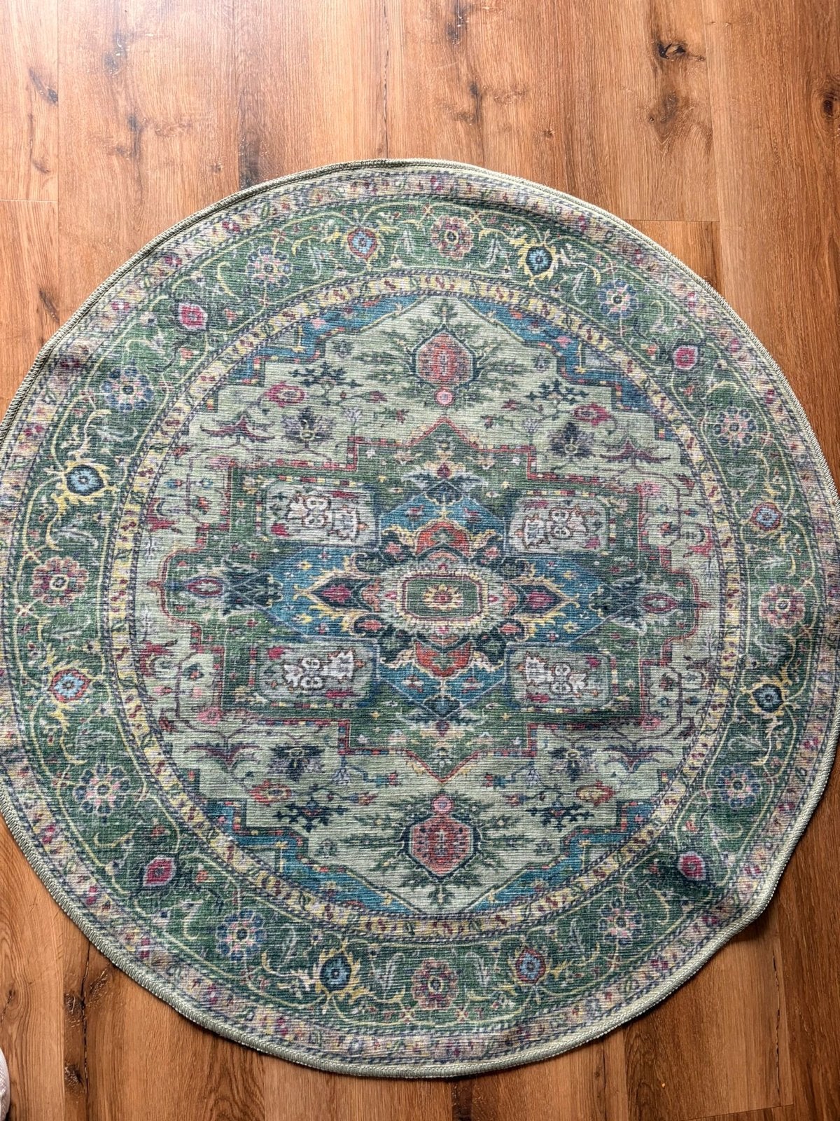 Rond vloerkleed met oosters patroon - Groen/Blauw, Ophalen, Gebruikt, 100 tot 150 cm, Rond