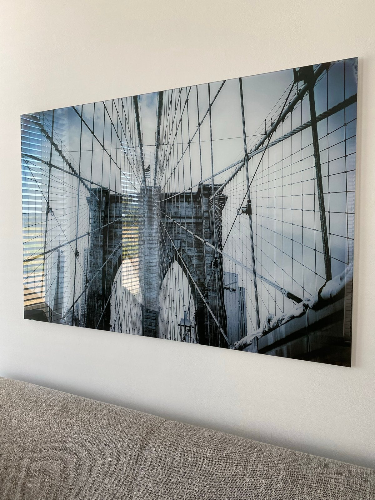 Zwart wit Glasschilderij Brooklyn Bridge 120x80 cm, Ophalen, Zo goed als nieuw, Schilderij, 100 tot 125 cm