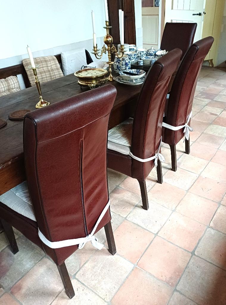 6 eetkamerstoelen leer GRATIS, Huis en Inrichting, Stoelen, Ophalen, Gebruikt, Bruin, Leer